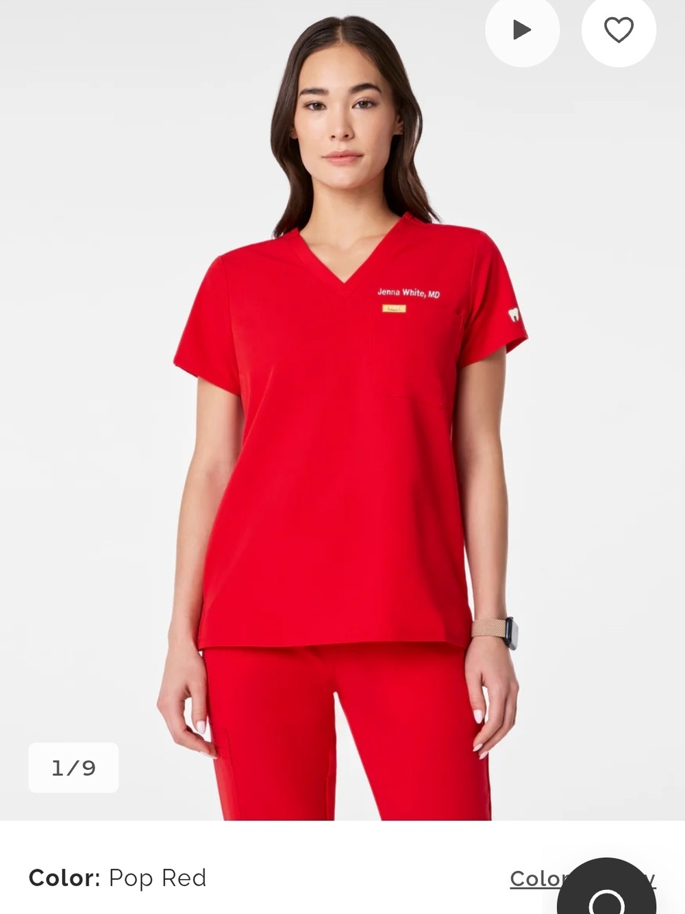 Figs Women's Pop Red V-Neck Short Sleeve Scrub Top